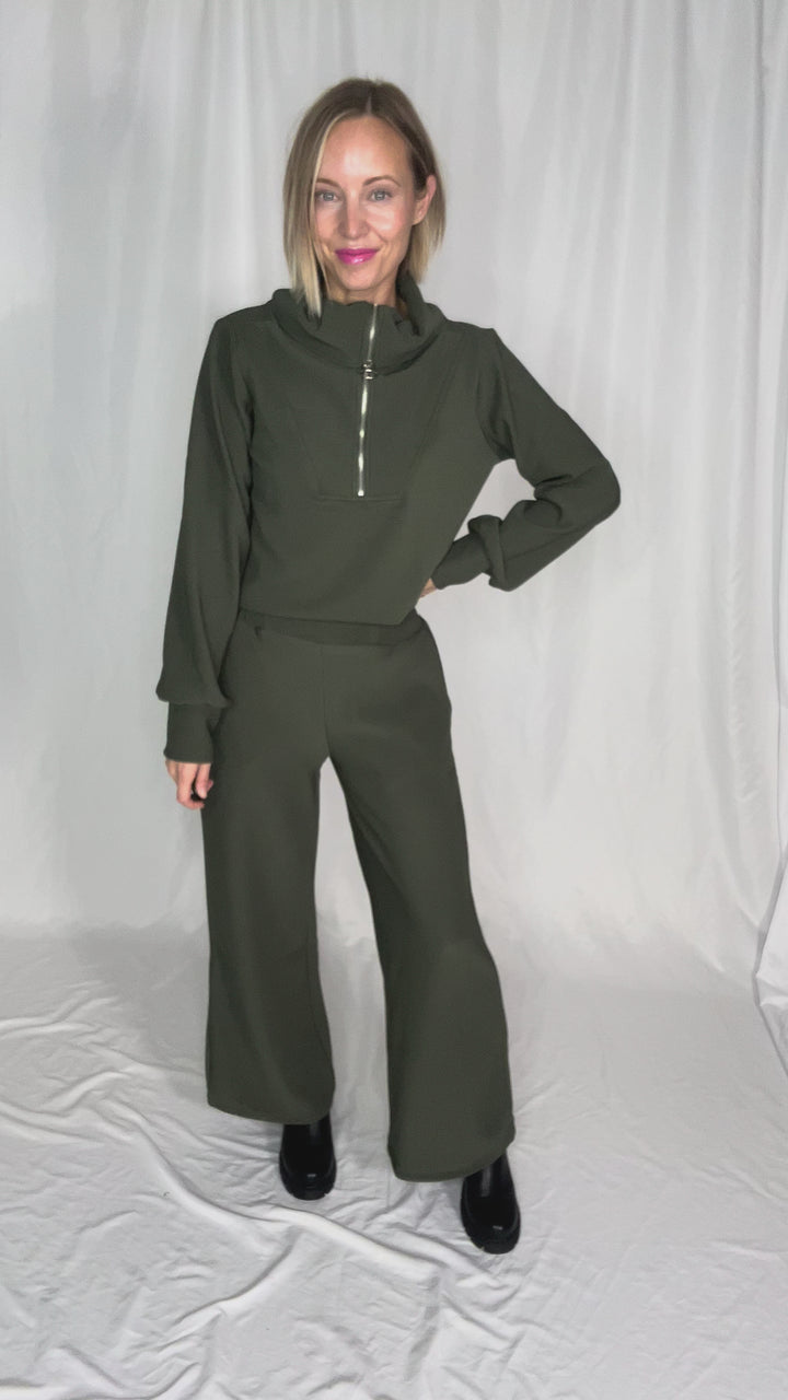 Cider Run Ribbed 1/2 Zip High Neck Set- DARK OLIVE-FINAL SALE