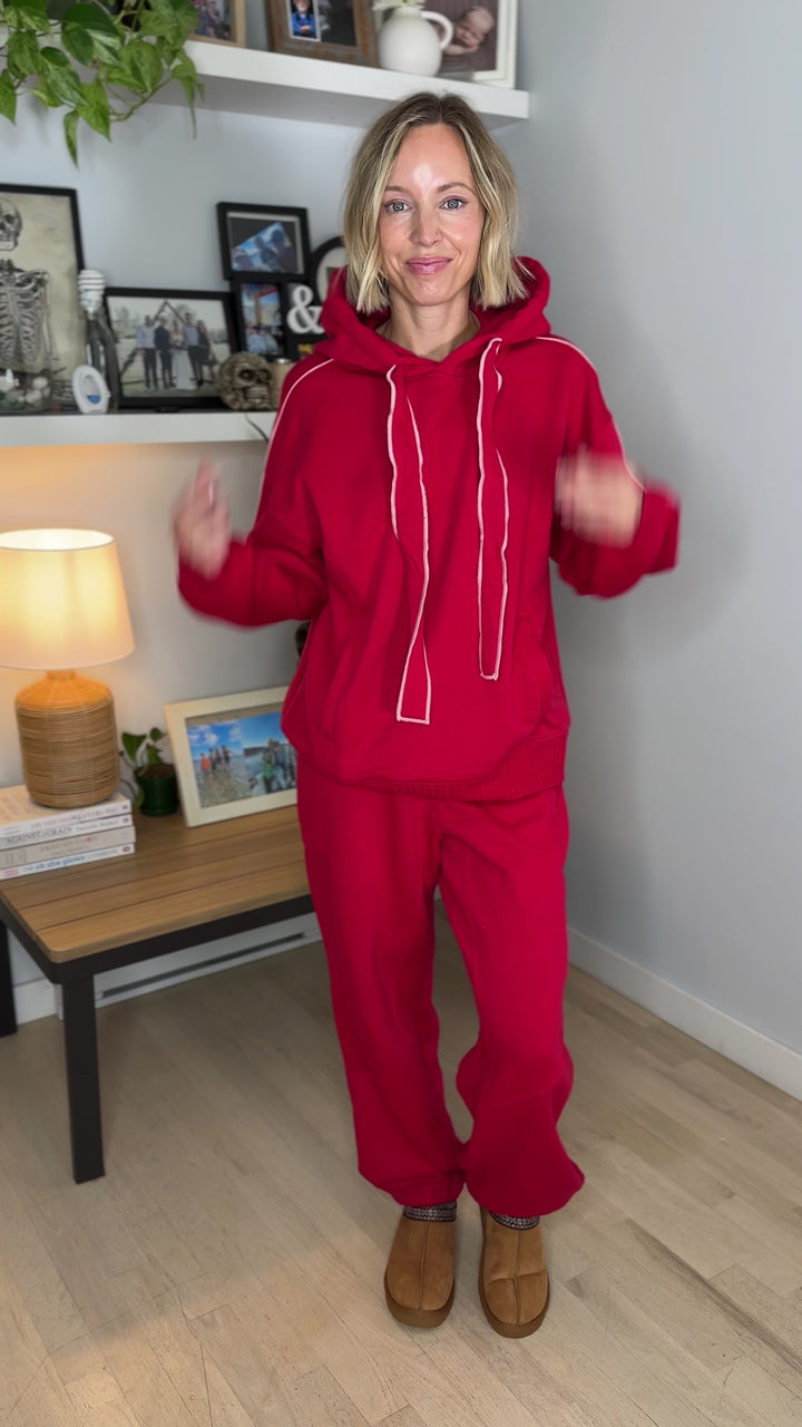 Thistle French Terry Fleece Hoodie- TRUE RED/PEACH PINK