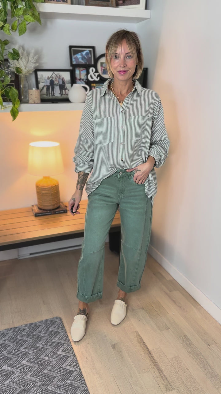 Gia Button Down Long Sleeve- GREEN