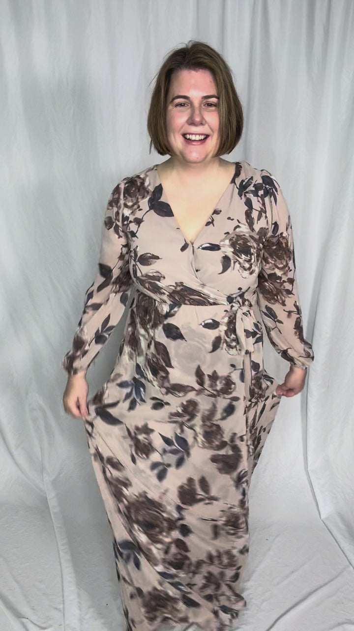 Meadow Long Sleeve Floral Maxi Dress- TAUPE/MOCHA