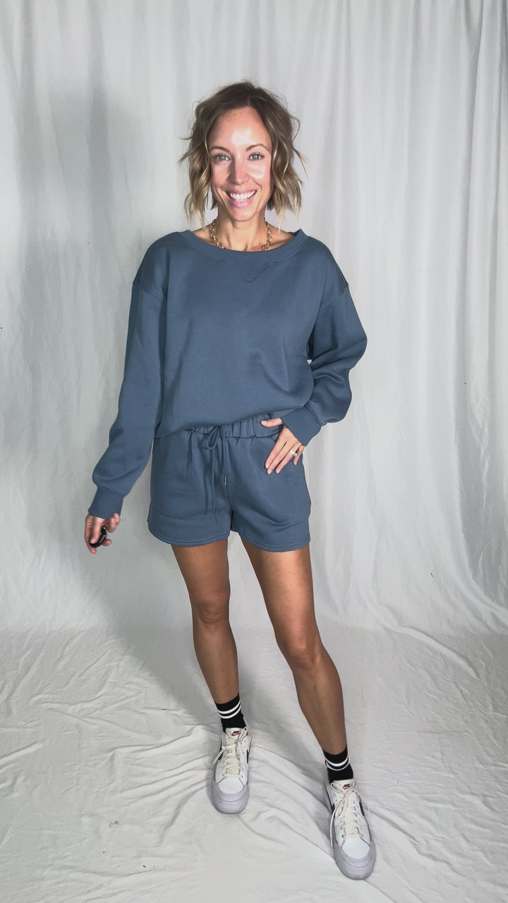 Chill Fleece Shorts Sweat Set- HEATHER GREY- DUSTY BLUE