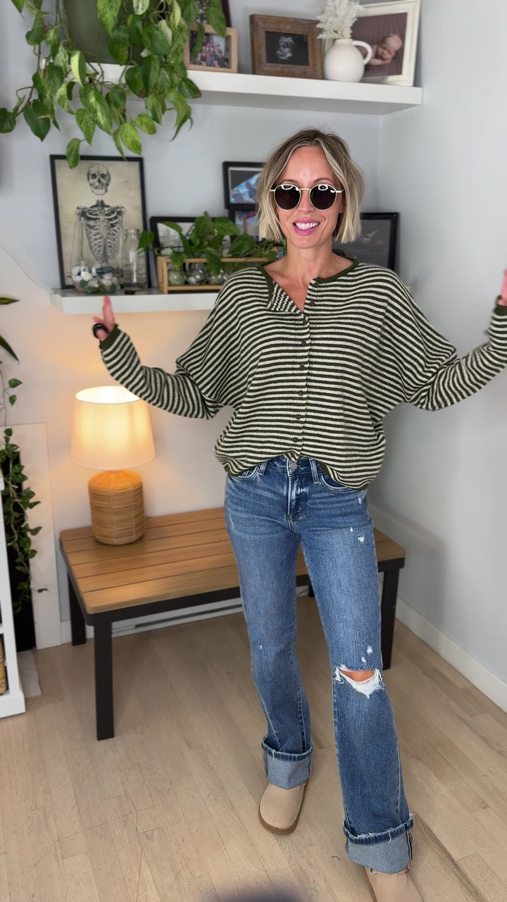 Acorn Raw Edge Button Down Cardigan- OLIVE