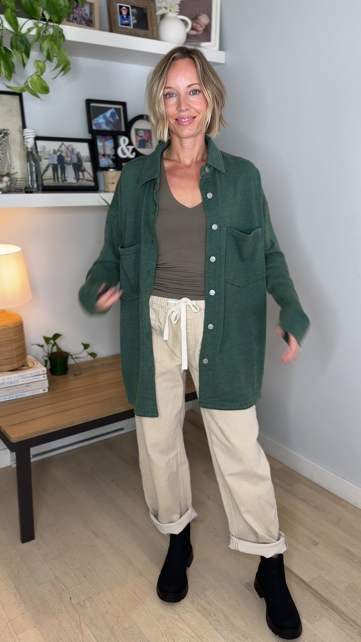 Darla Oversized Washed Soft Button Shacket- PINE GREEN