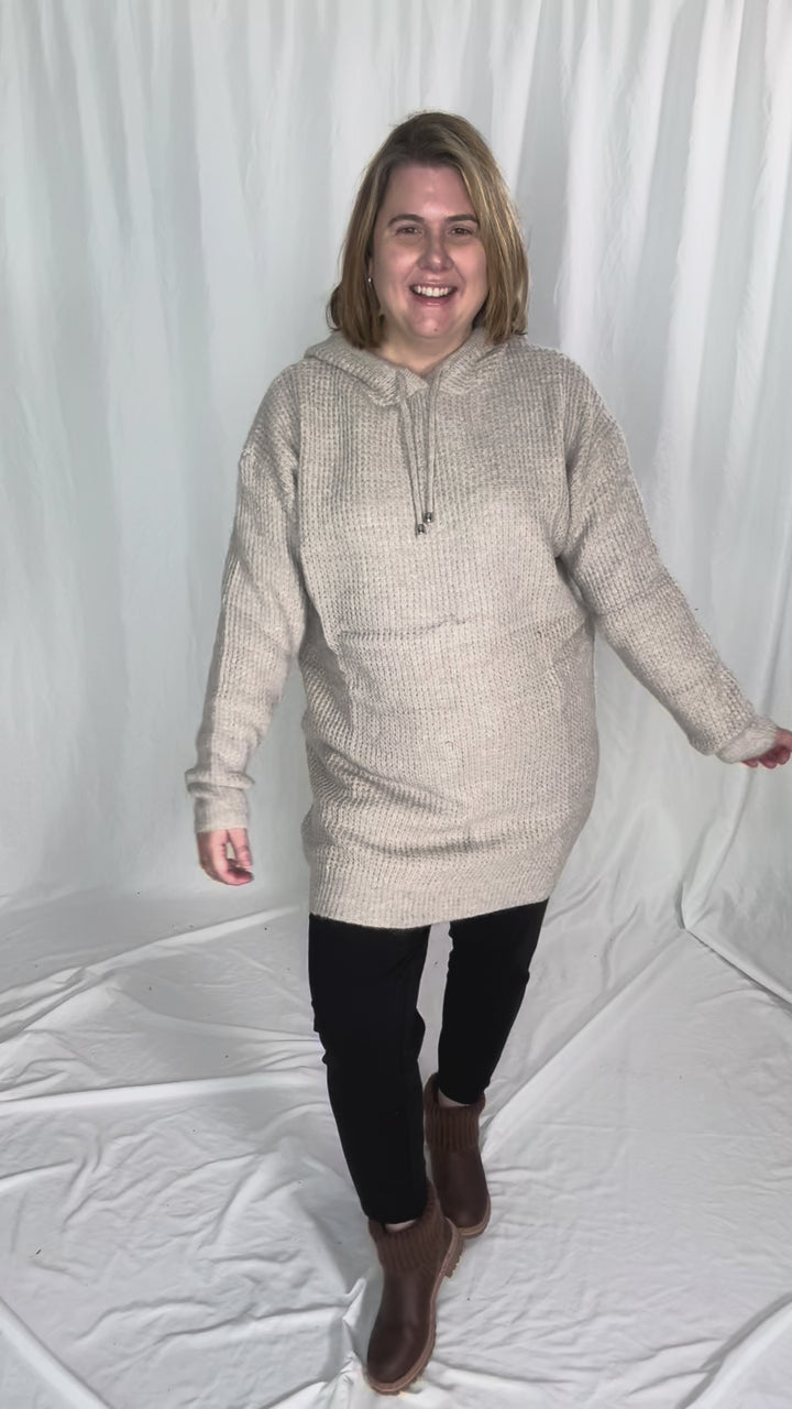 Maze Waffle Hooded Tunic Sweater- OATMEAL