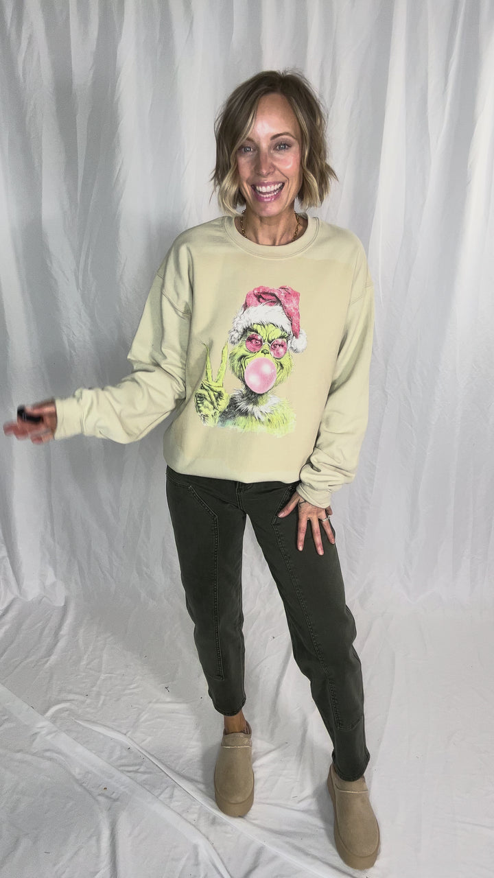 Bubblegum Grinch Crewneck- SAND