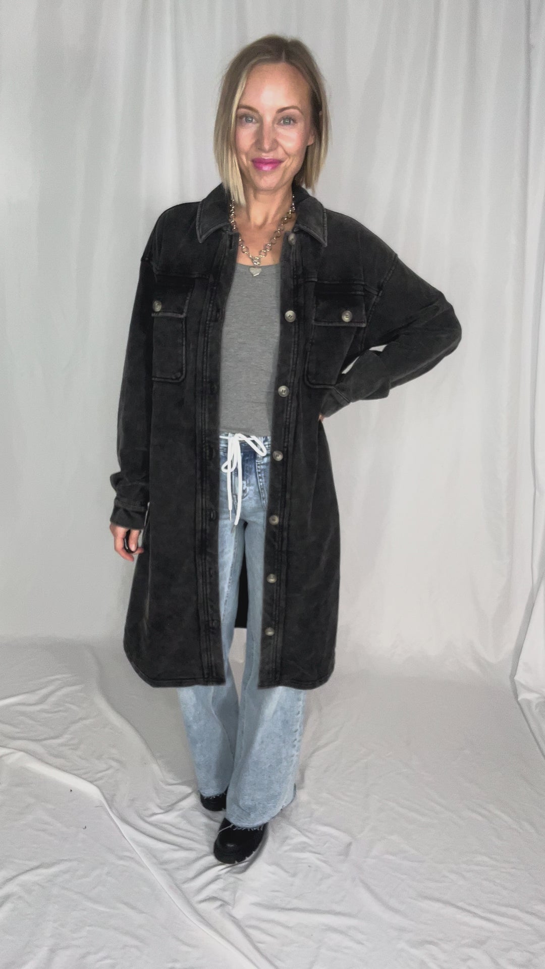 Arctic Washed French Terry Shacket- BLACK