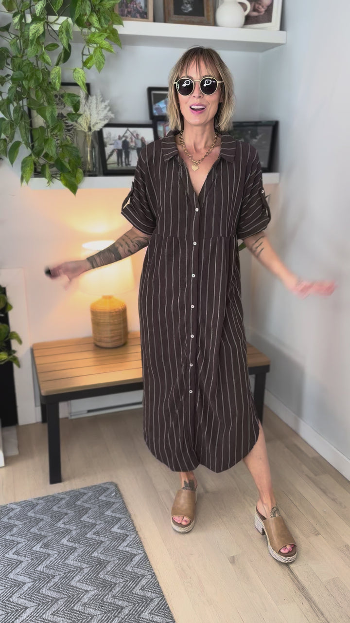 Naomi Button Down Midi Dress- CHOCOLATE