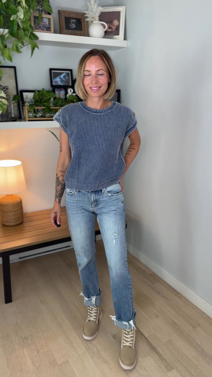 Sienna Washed Back Button Knit Top- INDIGO