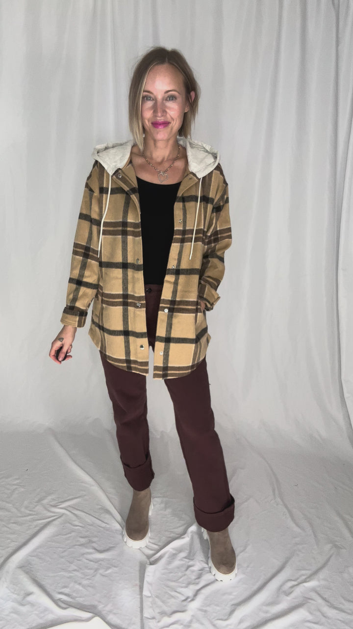 Cocoa + Cream Plaid Hooded Shacket- CAMEL