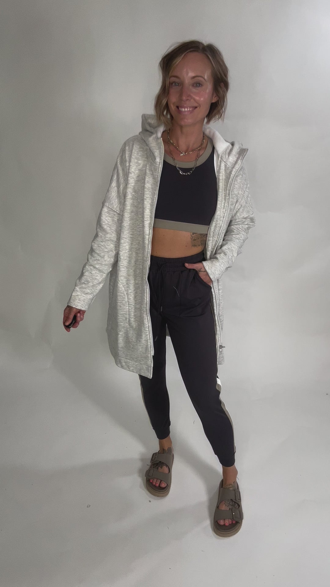 MONO B Nelly Longline Zip-Up Jacket With Hood- TWO TONE GREY-FINAL SALE