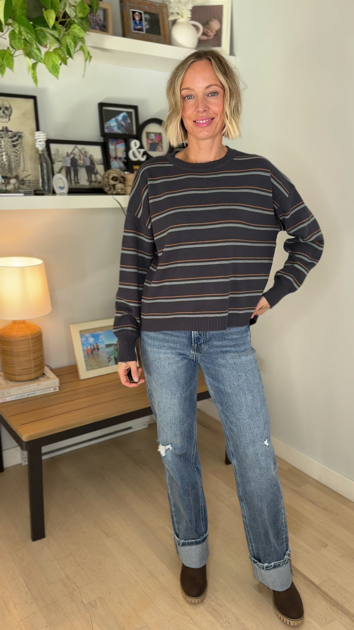 Illa Boxy Cut Striped Drop Shoulder Sweater- SLATE