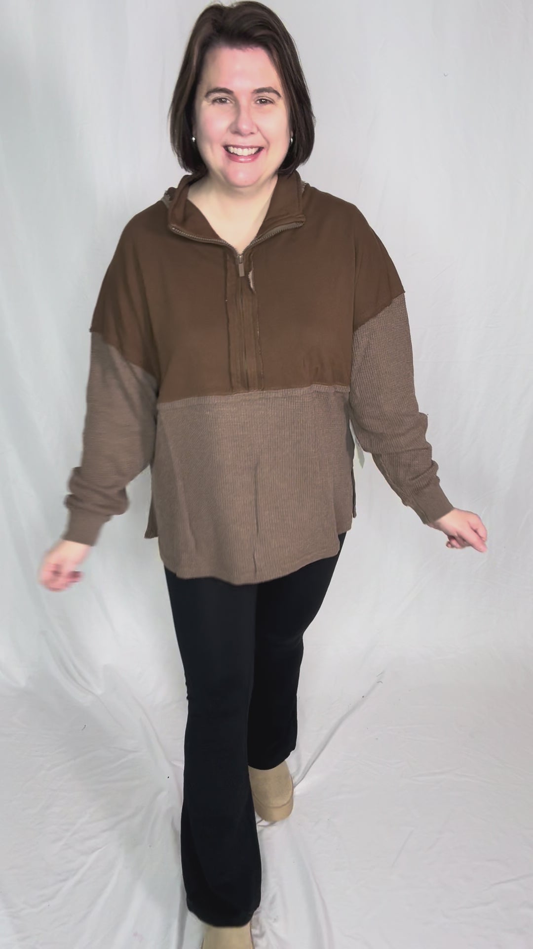 Arwen Waffle 1/4 Zip Pullover- ESPRESSO