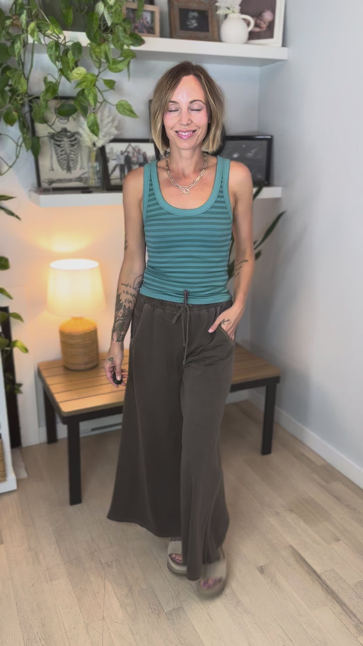 Solana Washed French Terry Wide Leg Pant- BROWN