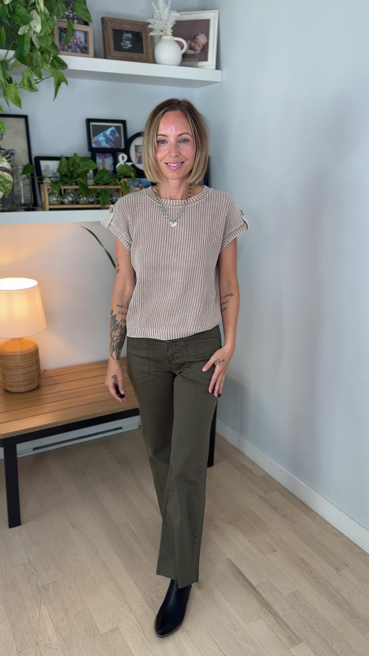 Sienna Washed Back Button Knit Top- KHAKI