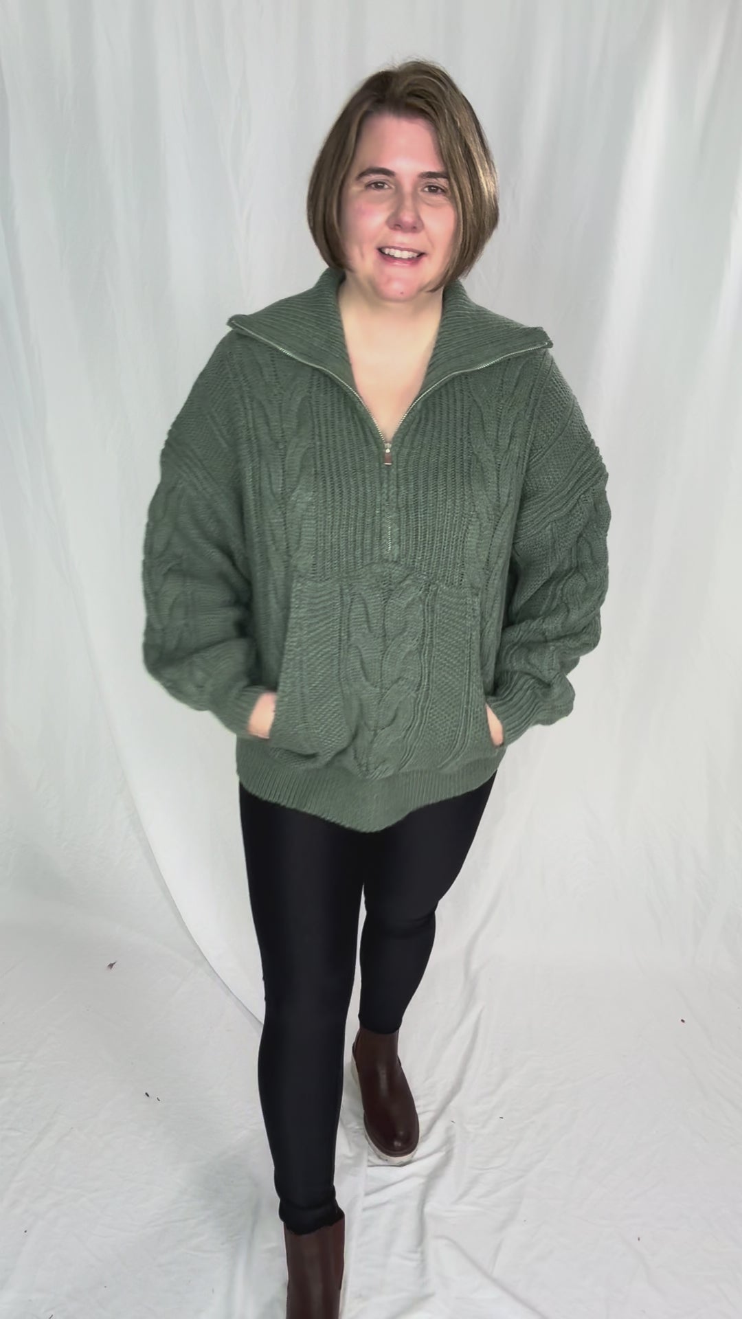 Kiki Cable Knit 1/2 Zip Sweater- SAGE
