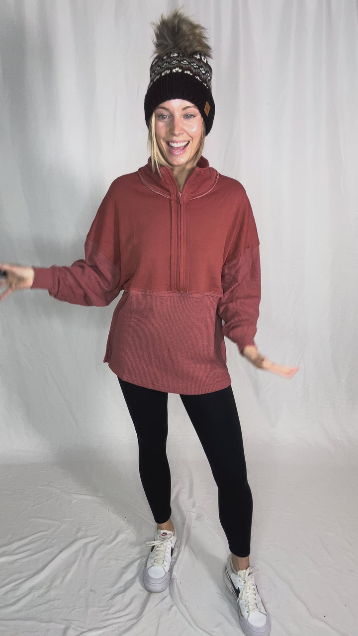 Arwen Waffle 1/4 Zip Pullover- RUST