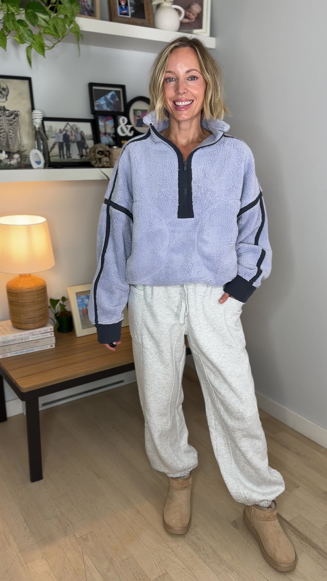 Salem Sherpa Mock Neck Quarter Zip Jacket- LAVENDER BLUE/CHARCOAL