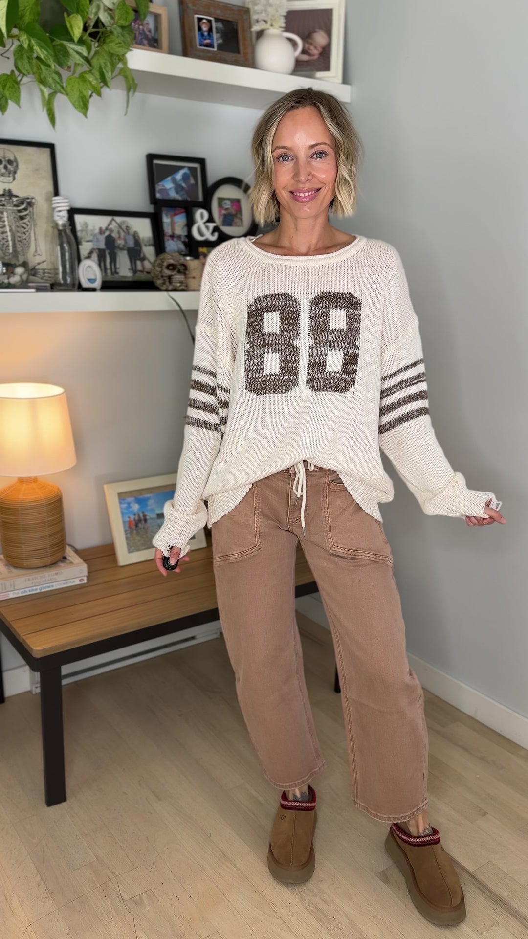 Dacey Distressed Varsity Knit Sweater- WHITE SWAN