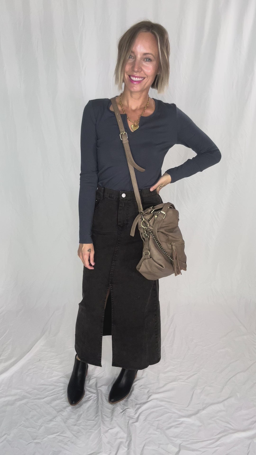 Matilda Elastic Waist Twill  Maxi Skirt- BLACK