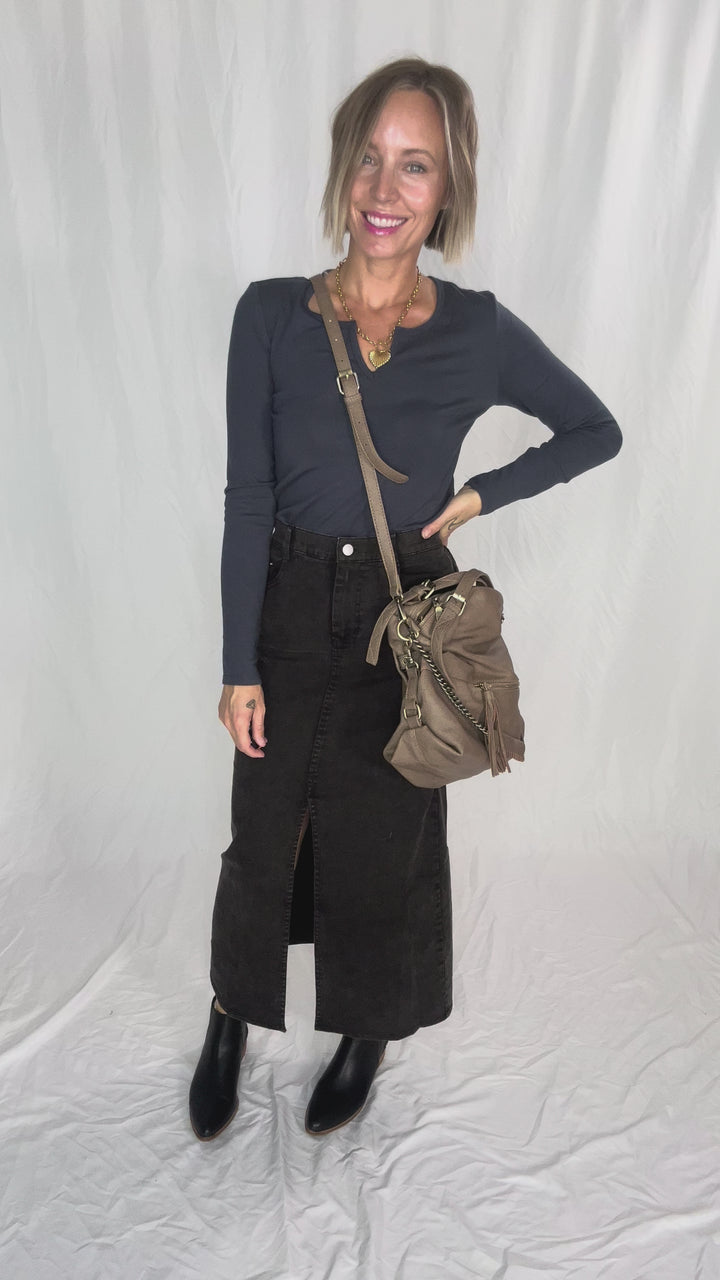 Matilda Elastic Waist Twill  Maxi Skirt- BLACK