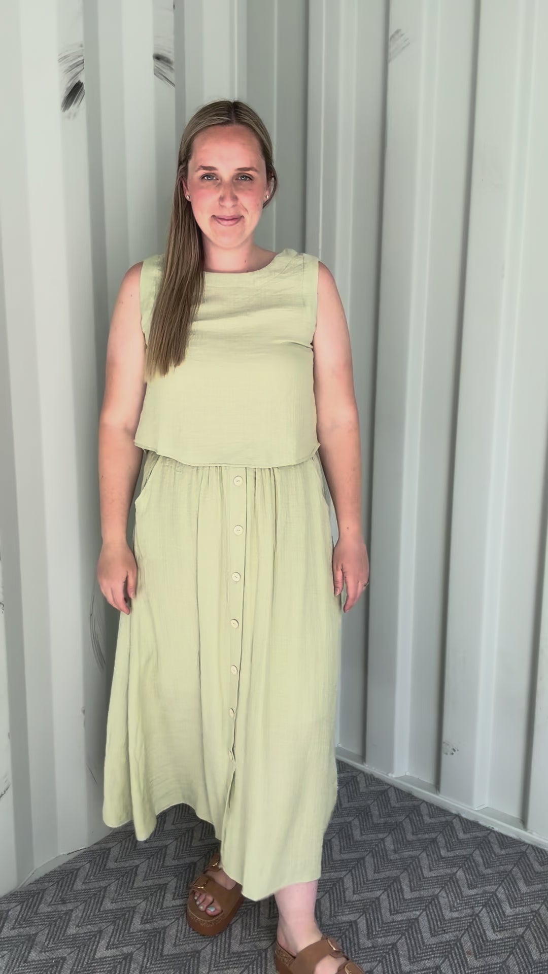 Pineapple Textured Button Skirt & Top Set- LIGHT OLIVE