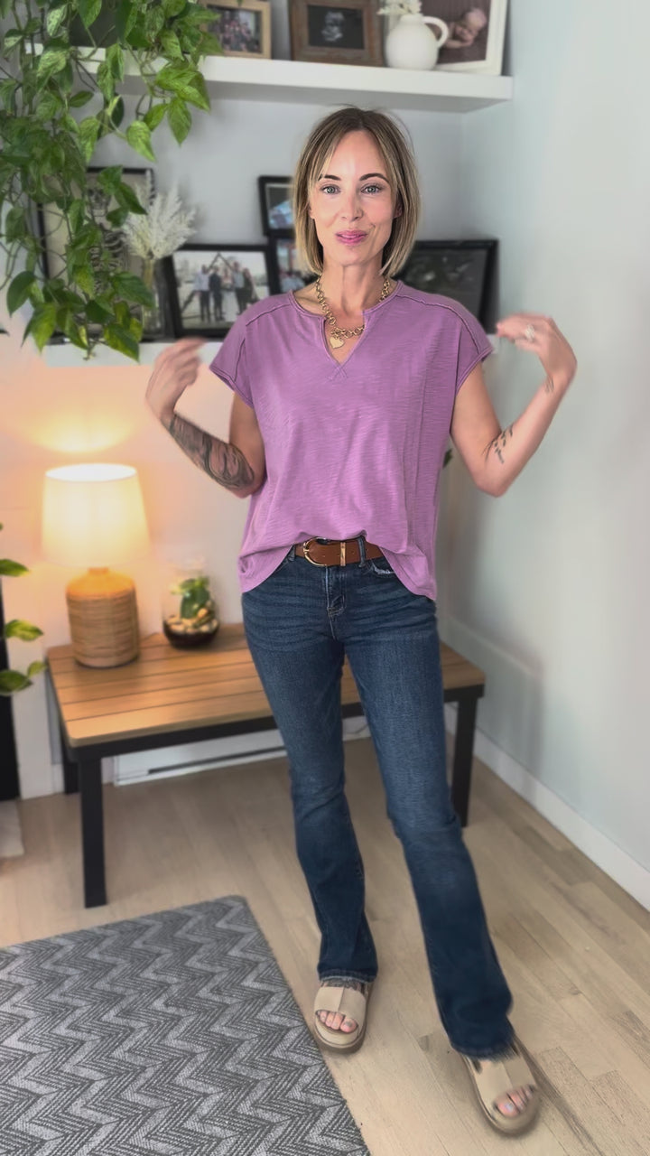 Brisa Split V Cotton Tee- DAHLIA