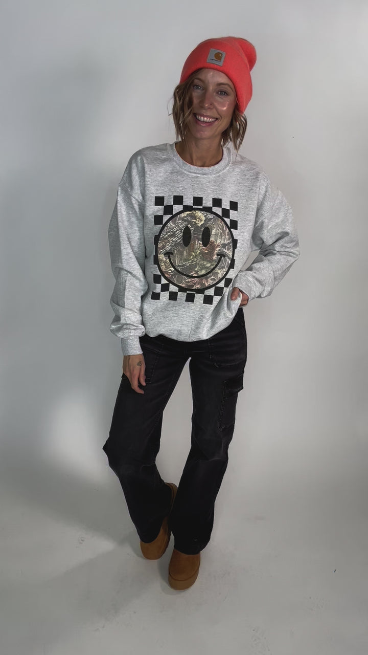 Camo Smiley Crewneck- ASH