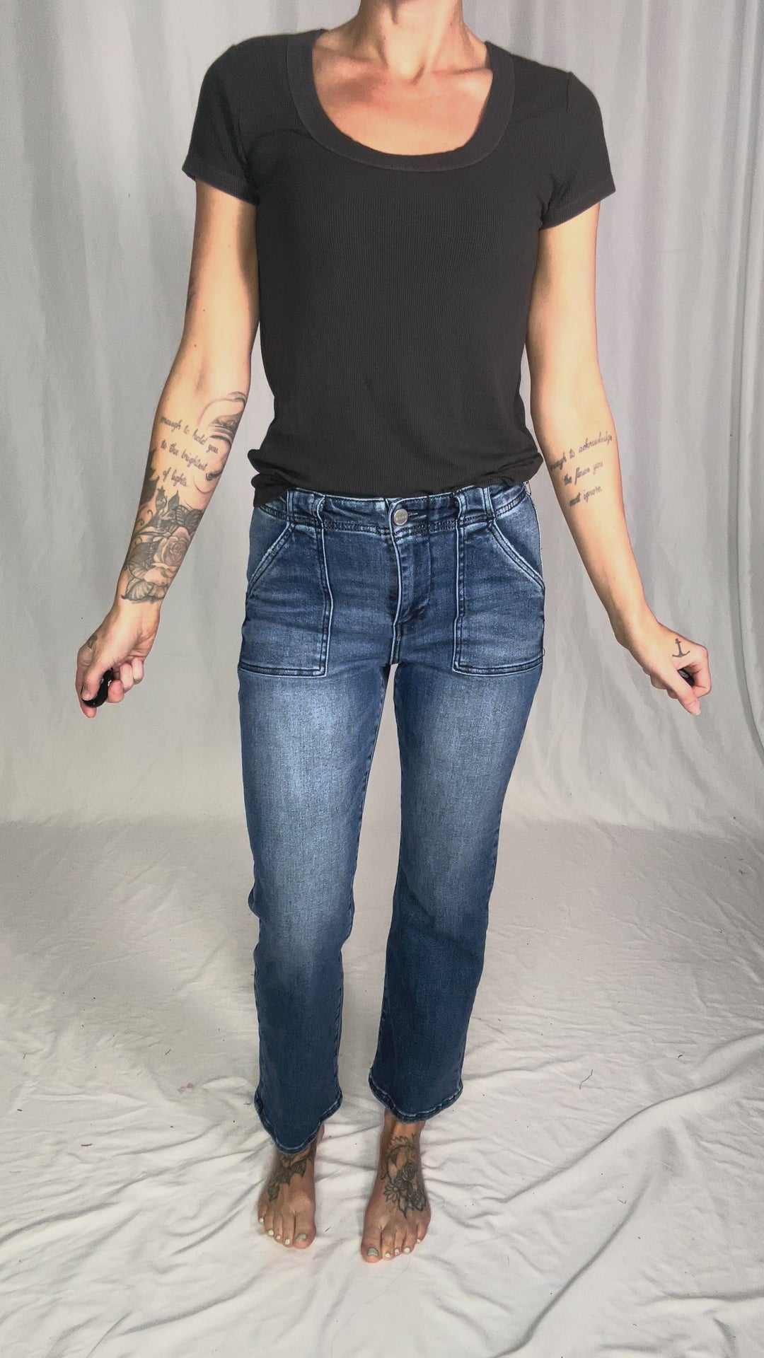 RISEN Groove High Rise Ankle Flare Patch Pocket Jeans- DARK WASH