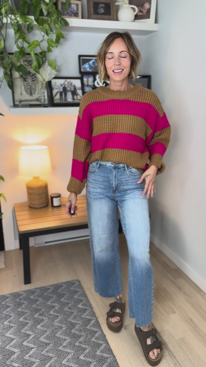 Emberly Drop Shoulder Sweater- CAMEL/FUCHSIA