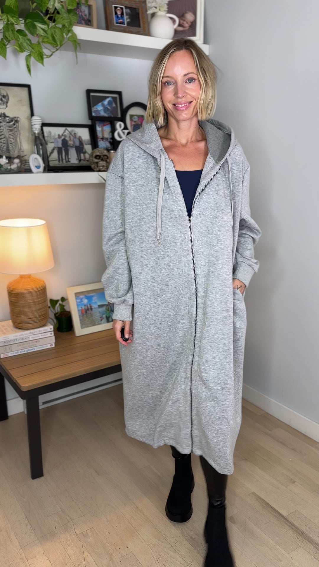 Mavis Hooded Full Zip Coatigan- HEATHER GREY