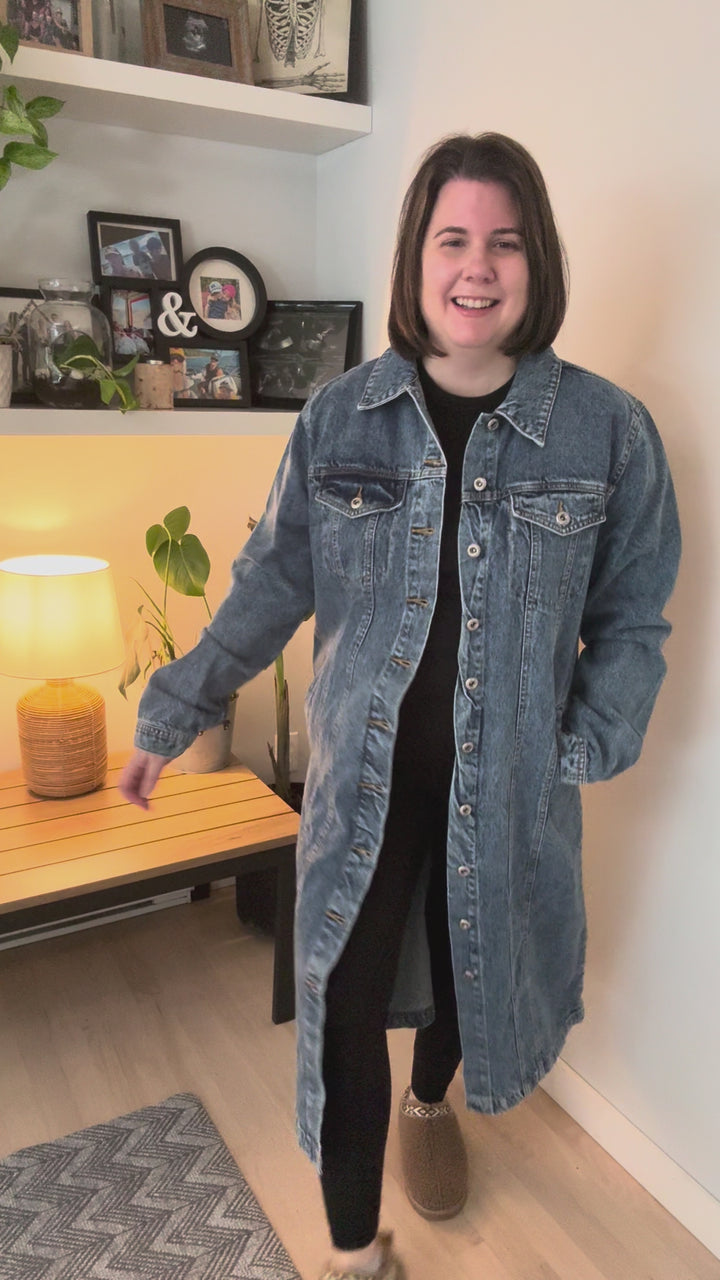 Katerina  Long Line Denim Jacket- MEDIUM BLUE