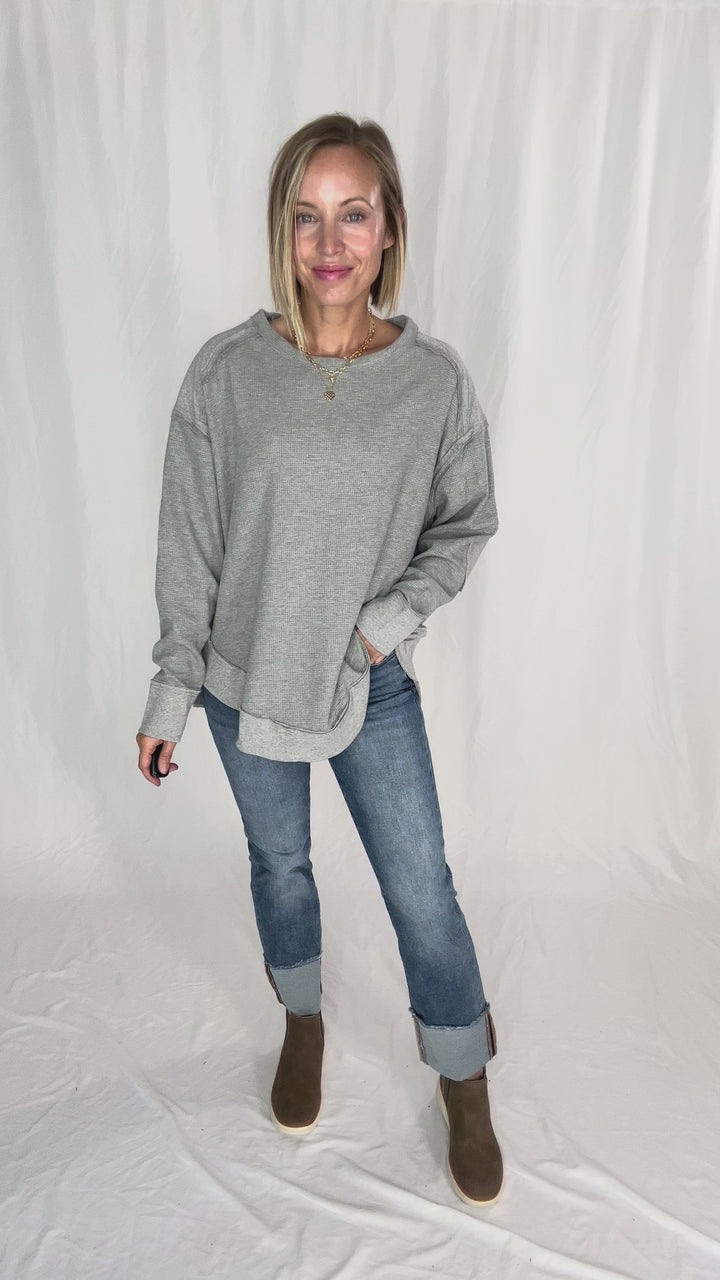Jenna Long Sleeve Waffle Pullover-HTHR GREY