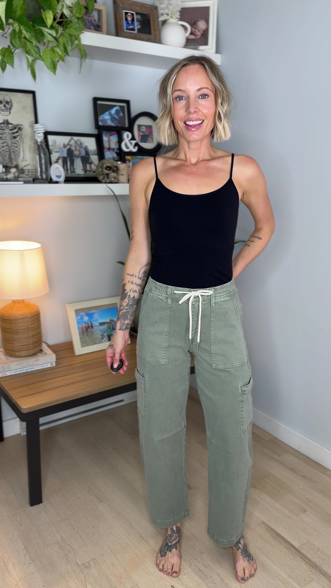 Flying Monkey Brianna High Rise Drawstring Cargo Barrel Jeans- ICEBERG GREEN