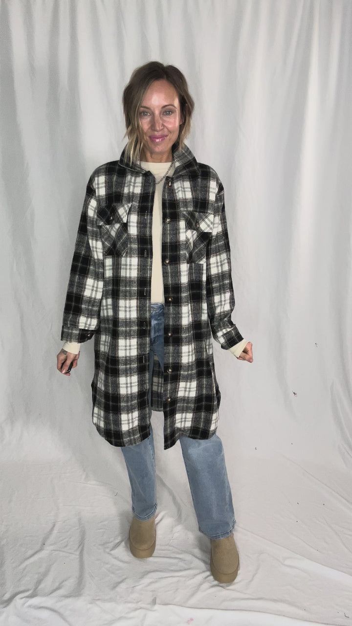 Out West Plaid Flannel Shacket- BLACK MUTLI