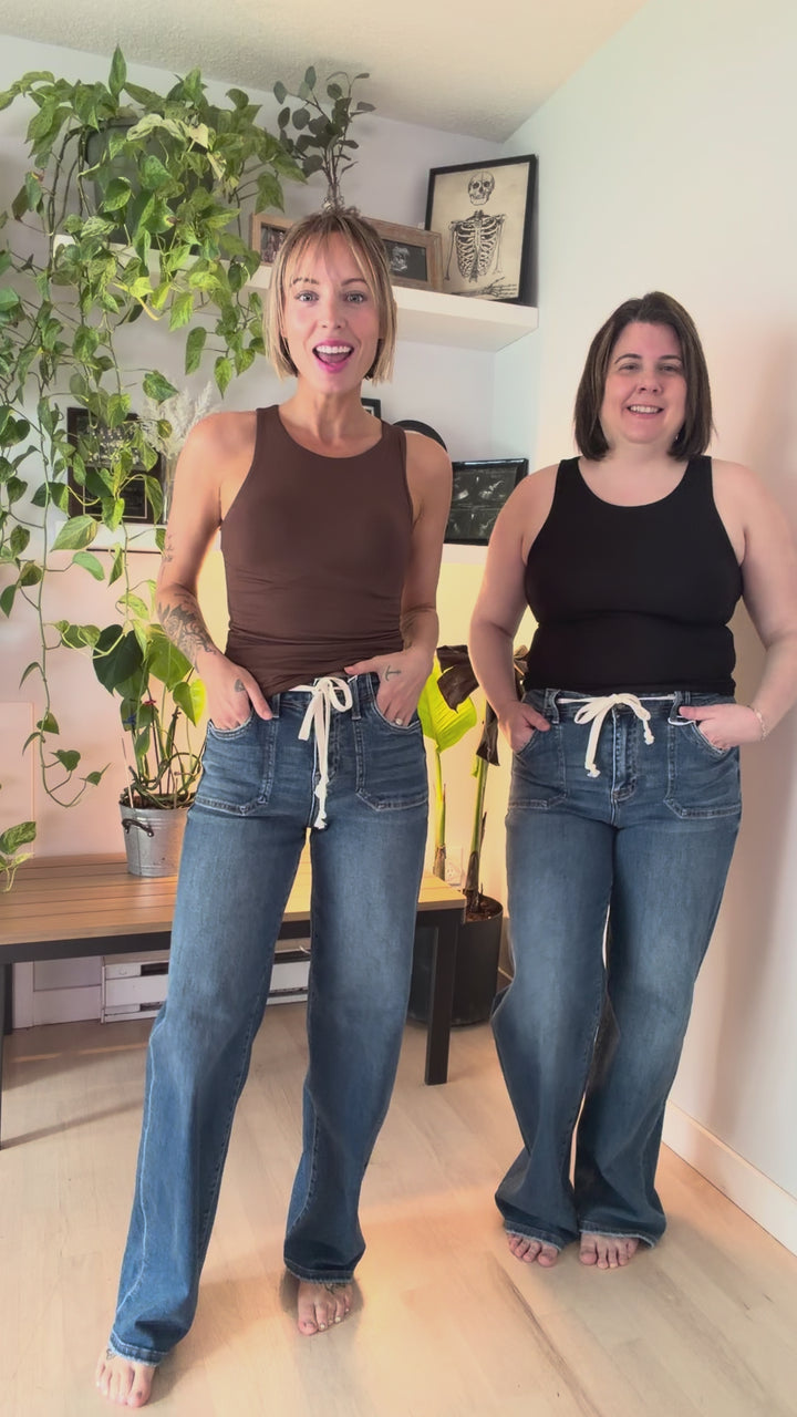 RISEN Harlet Tie Waist Relaxed Straight Leg- MEDIUM WASH