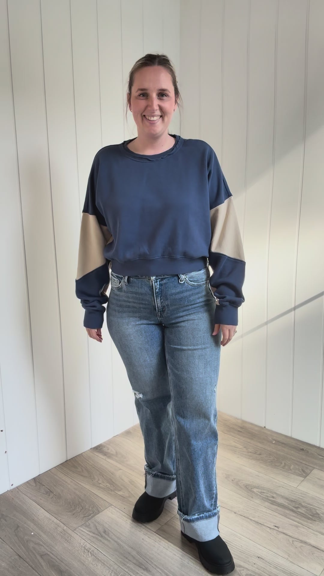 Mono B Tundra Vintage Crop Colour Block Sweatshirt- OCEAN/BONE