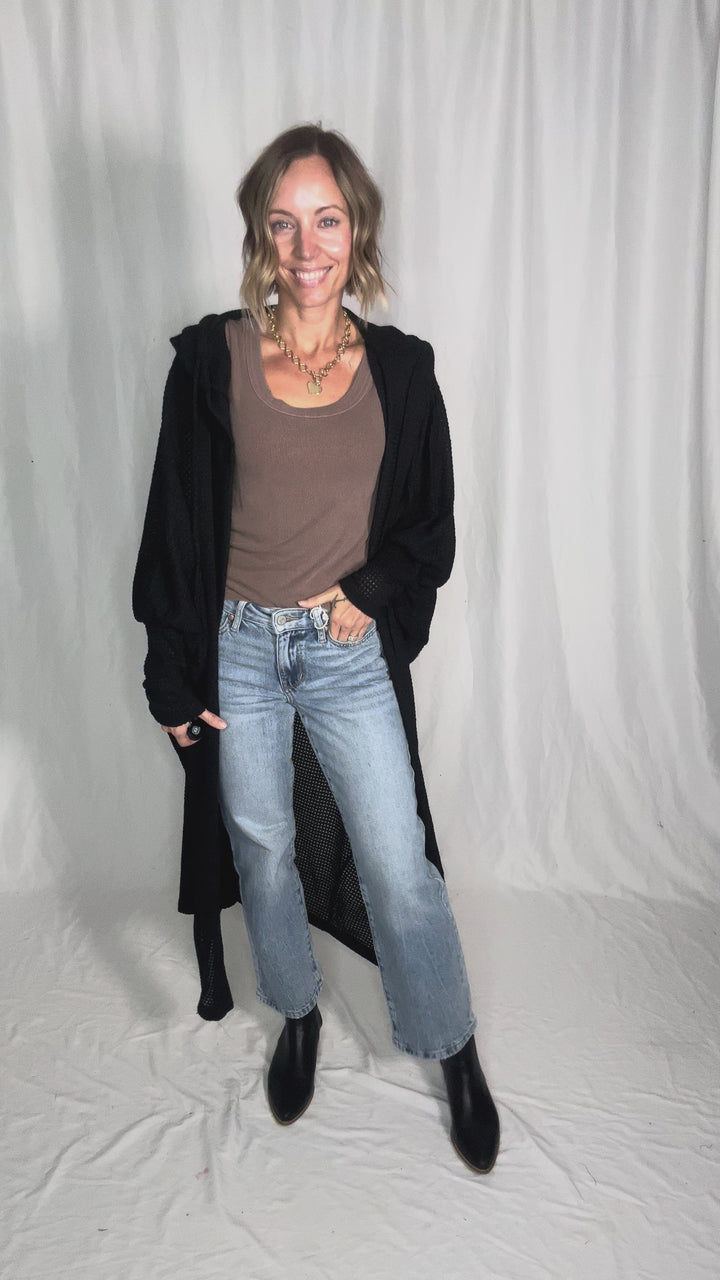 Myah Waffle Duster Cardigan-BLACK