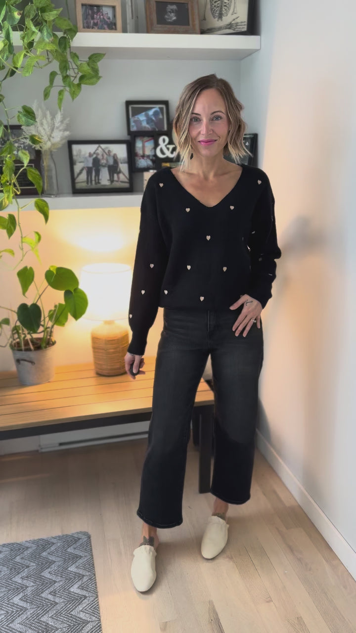 Lovely Embroidered Heart Sweater- BLACK