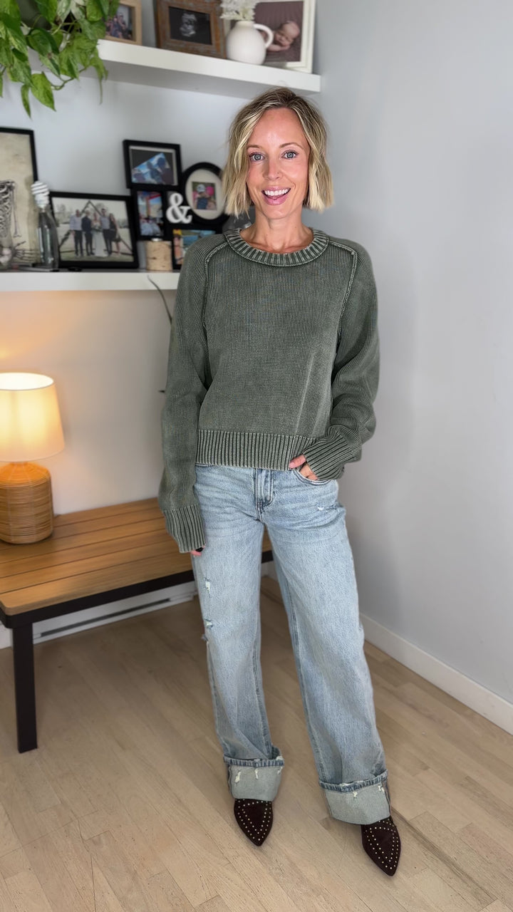 Harveston Mineral Washed Cotton Sweater- WASHED OLIVE