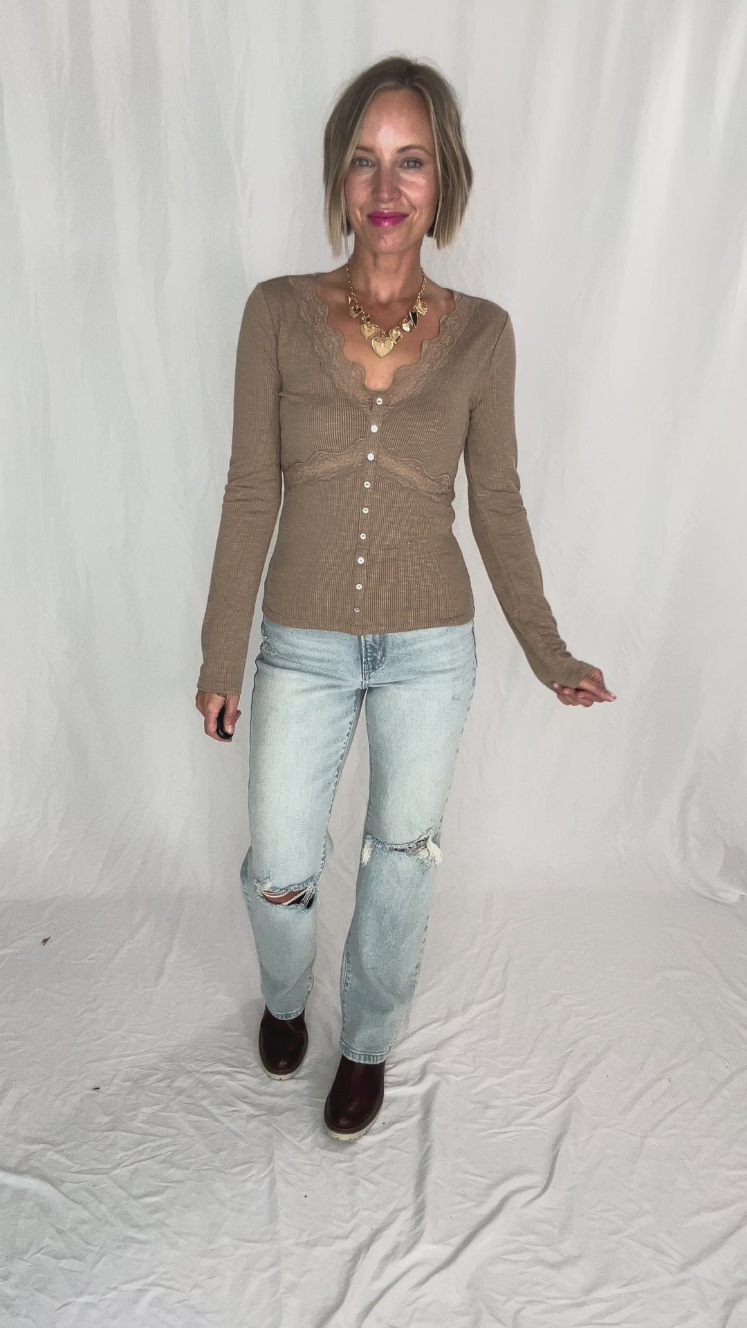 Darla Lace Trim Detail Long Sleeve Rib Top- MOCHA-FINAL SALE