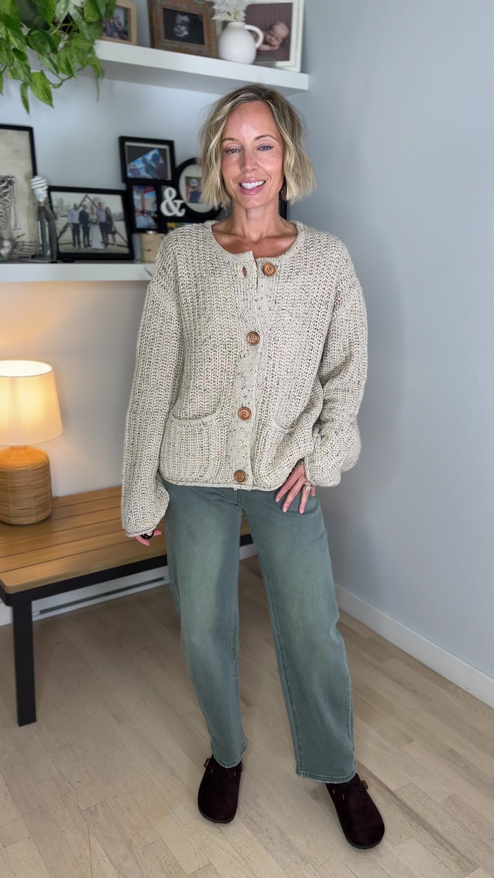 Brinks Marled Button Raw Edge Cardigan- LIGHT KHAKI