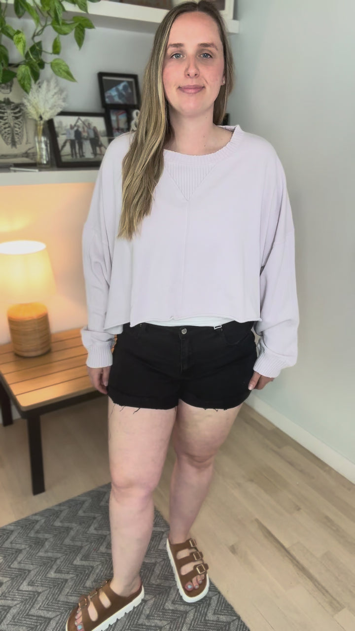 Heather French Terry Crop Sweater- LAVENDER