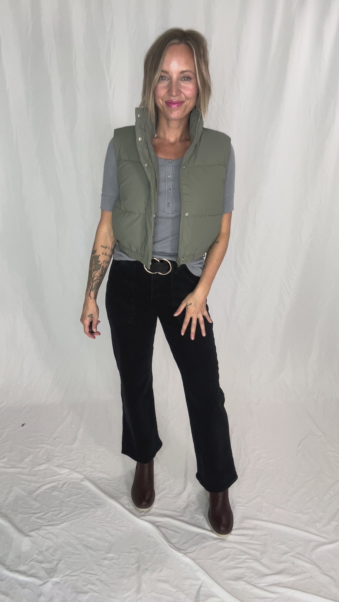Charlie Coated Cropped Vest- OLIVE