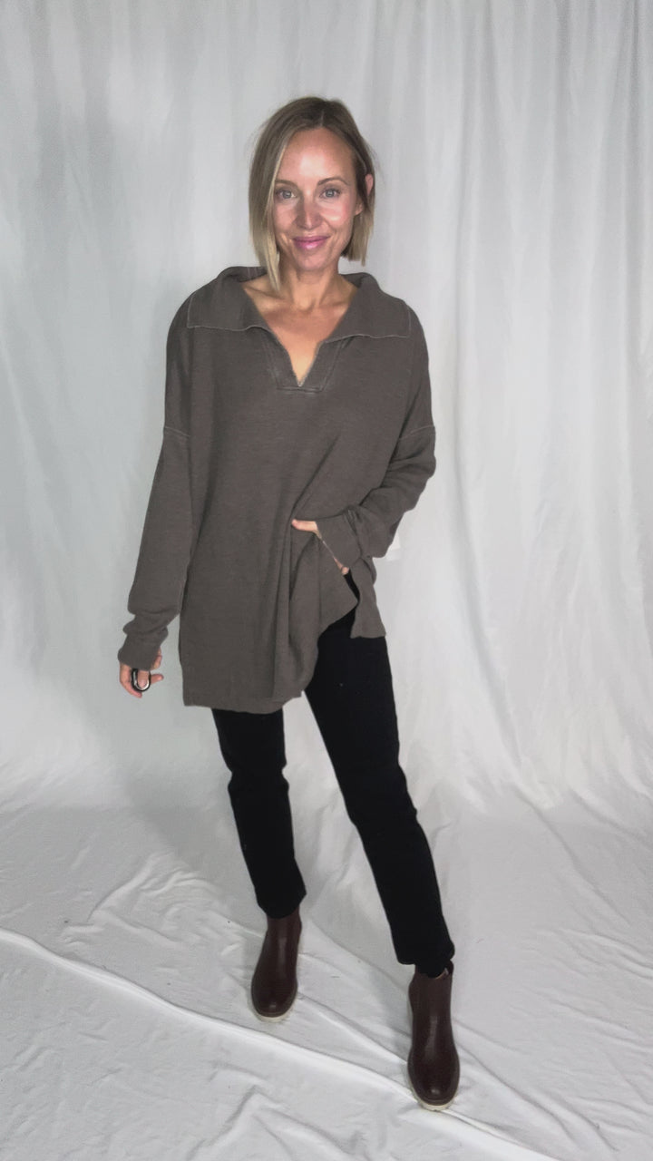 MONO B Arlen Cotton Blend Waffle Knit Oversized Long Sleeve- ESPRESSO-FINAL SALE