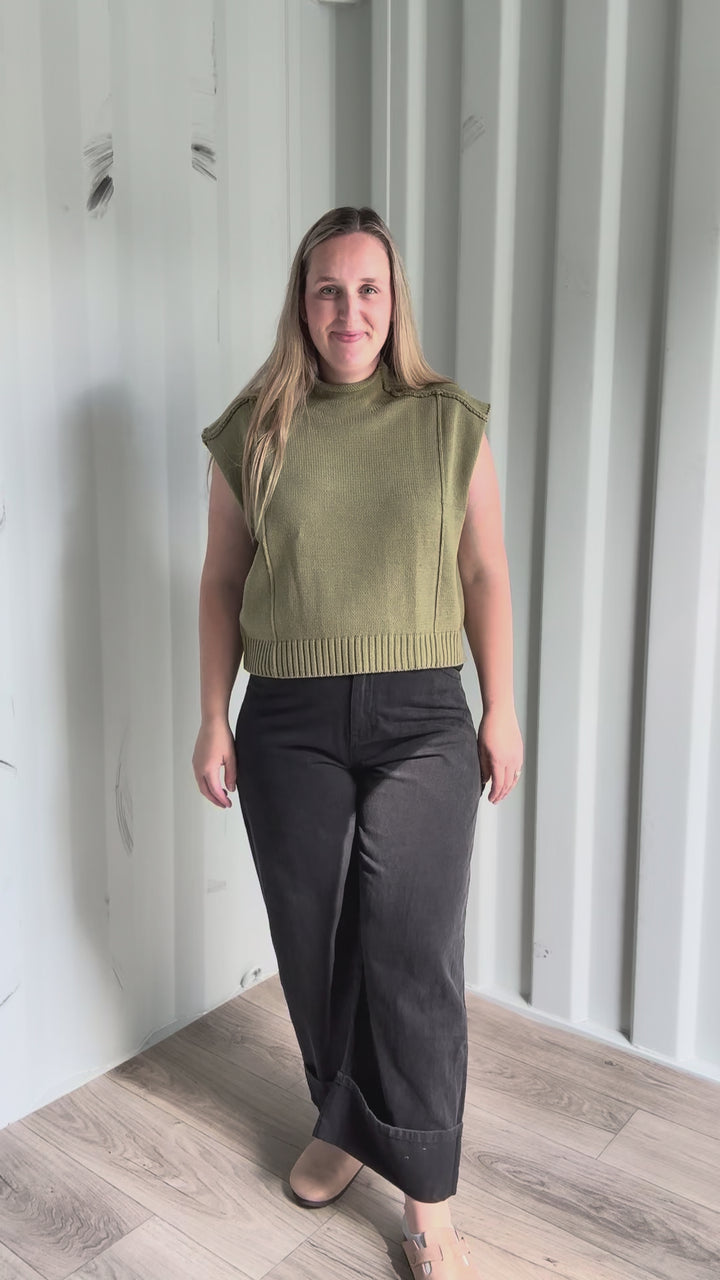Maben Exposed Seam Mock Neck Sweater Top- DRY HERB