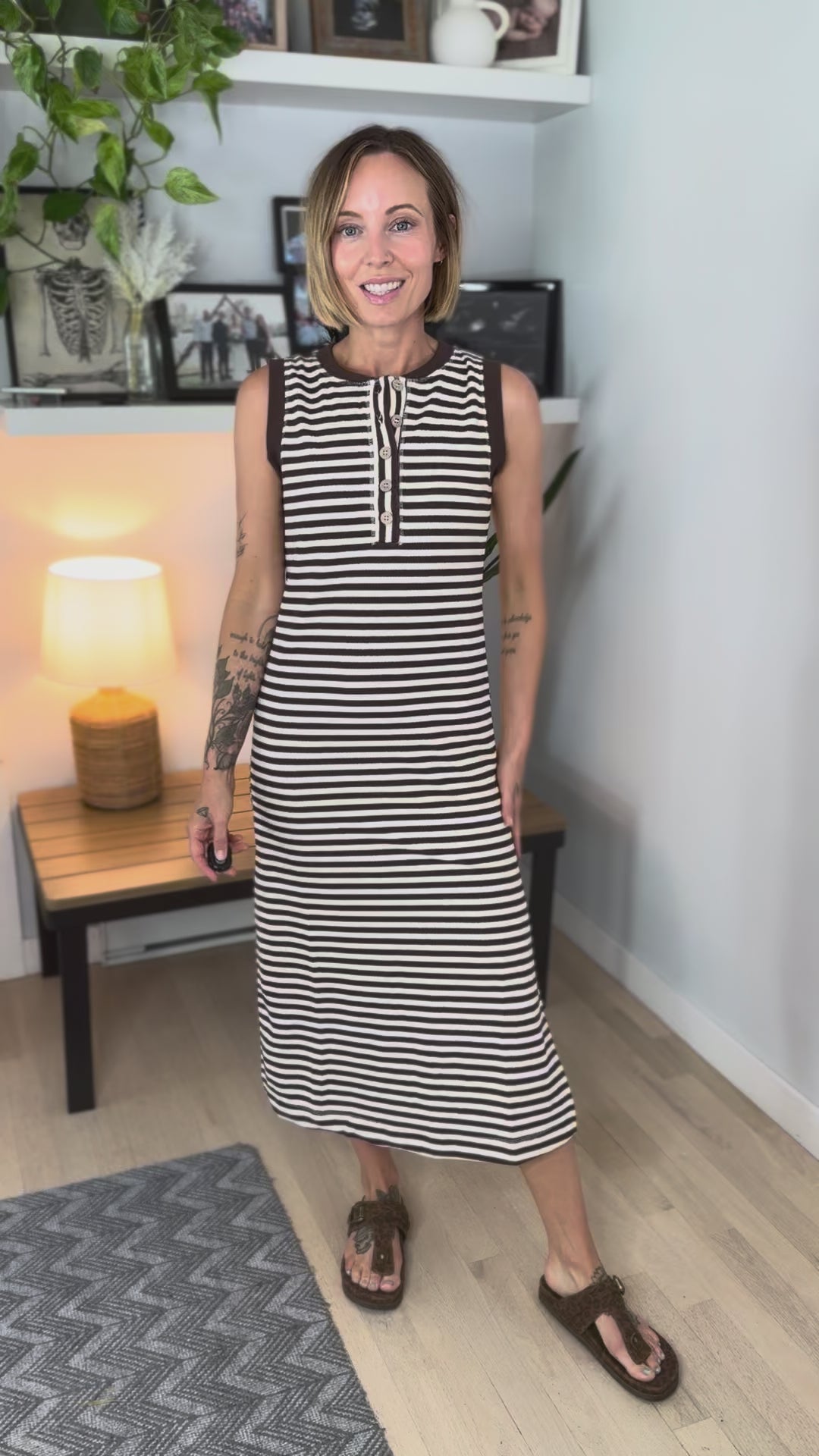 Georgie Stripe Henley Midi Dress- BROWN