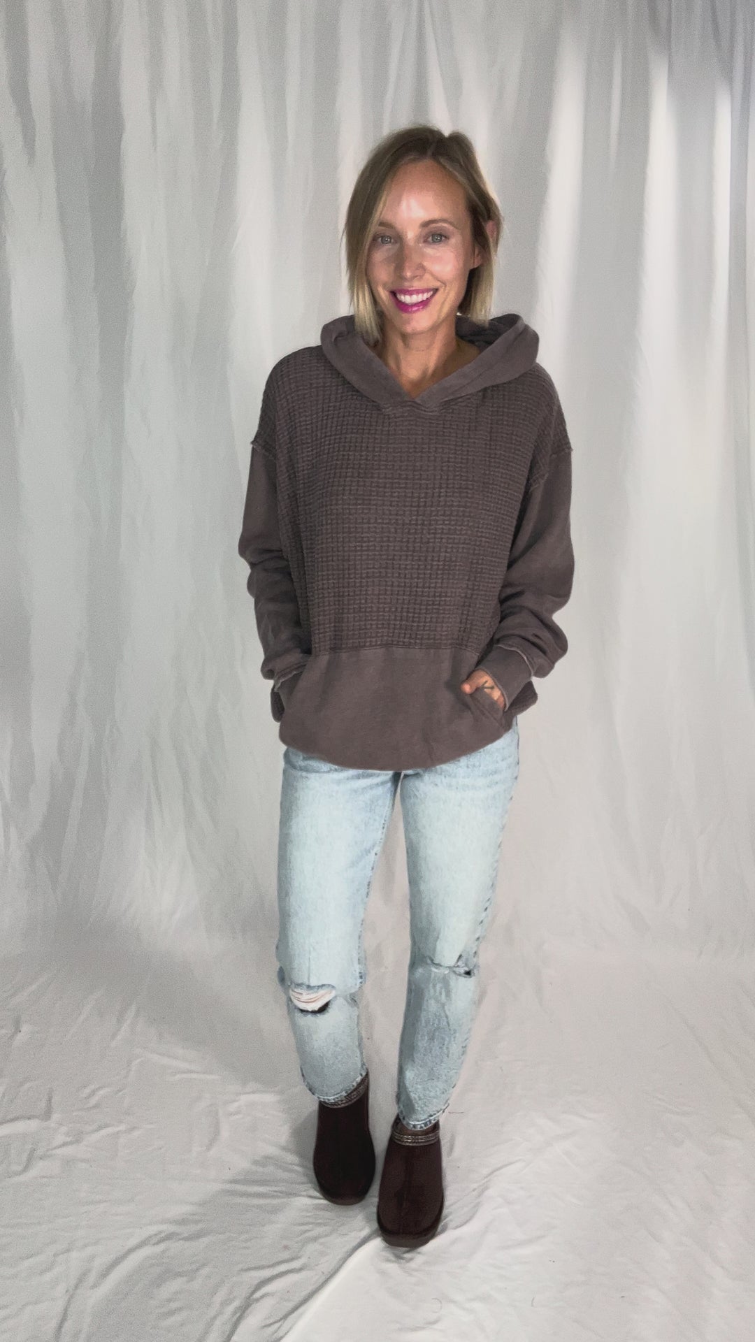 MONO B Chestnut Waffle Hoodie- ESPRESSO