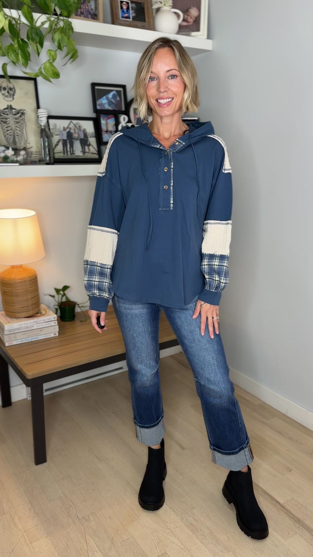 Maren Plaid Cotton Hoodie- DENIM