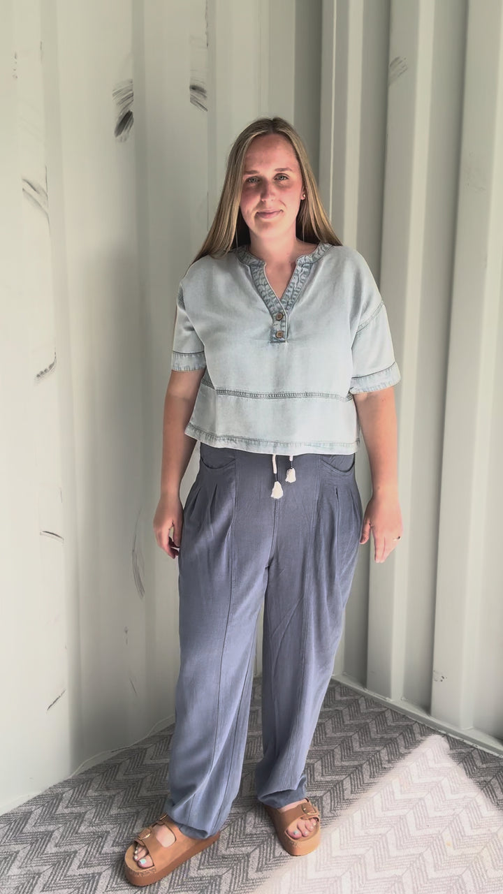 Shania Linen Blend Barrel Pant- DENIM BLUE