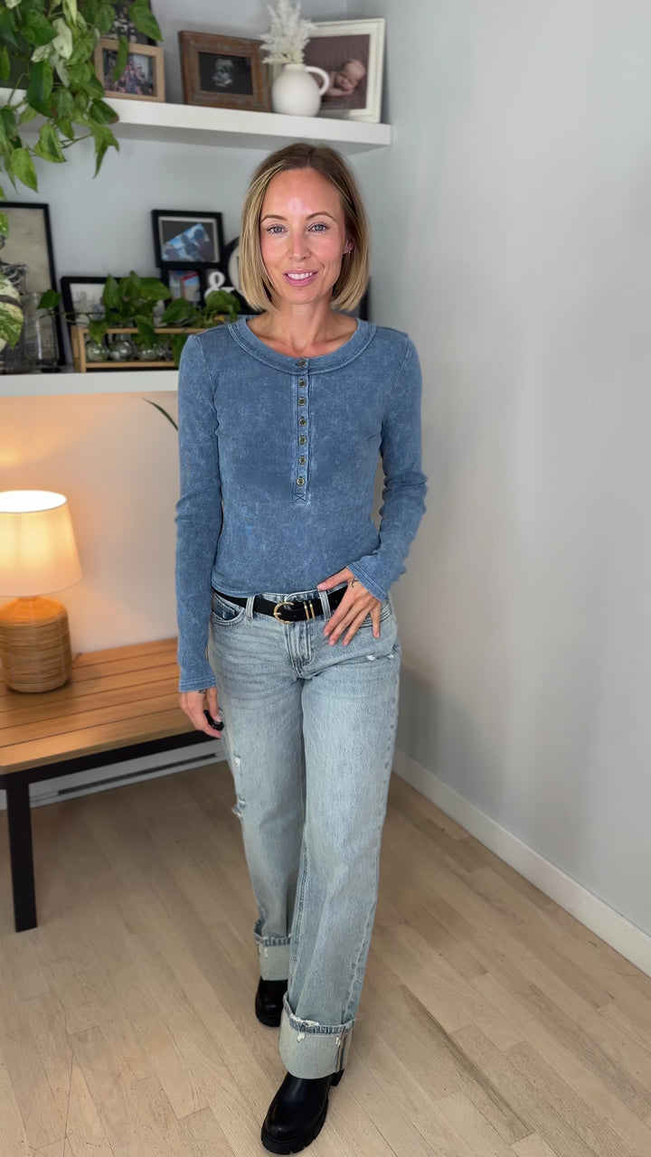 Fawn Washed Henley- VINTAGE BLUE
